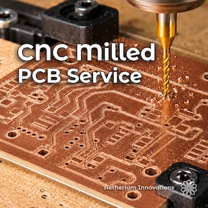 May include: A copper-clad printed circuit board being machined by a gold-colored CNC milling bit. The text CNC milled PCB Service is overlaid on the image, and the Aetherium Innovations logo is visible in the bottom right corner.