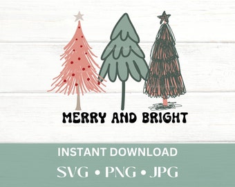 Merry and Bright SVG, Merry and Bright PNG, Merry Christmas Tree SVG, Pink Christmas Tree png