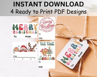 Printable Christmas gift tags, stocking tags, groovy Christmas, reindeer print