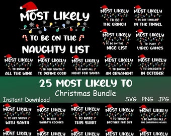 Puede incluir: Un conjunto de 25 tarjetas de juego imprimibles con temática navideña "Most Likely To". Las tarjetas presentan un fondo negro con luces de bastón de caramelo rojo y blanco y un gorro de Papá Noel. El texto en las tarjetas es blanco. Las tarjetas son perfectas para una fiesta navideña o una reunión familiar.