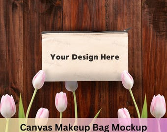 Canvas Zipper Pouch MOCKUP, Blank Makeup Bag, Cosmetic Bag Personalize, Spring Tulip Background, 8X4 Zipper Bag