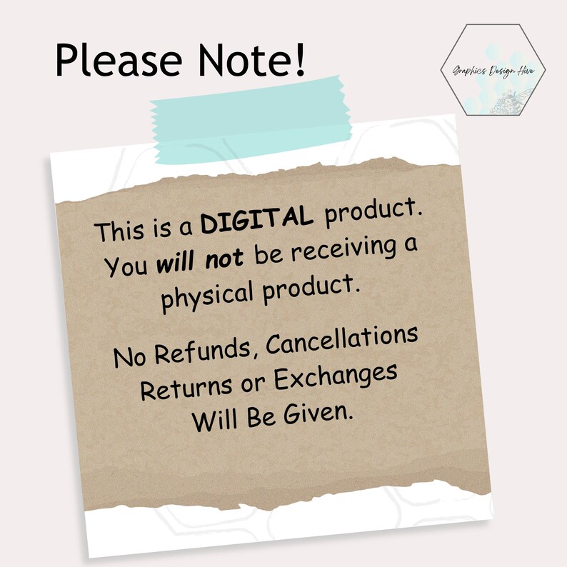 Pode incluir: Aviso de produto digital em papel castanho com borda rasgada, fixado com fita adesiva azul clara. O texto diz "Aten&ccedil;&atilde;o!" e detalha a natureza digital do produto, sem reembolsos, cancelamentos, devolu&ccedil;&otilde;es ou trocas.
