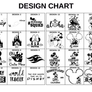May include: A design chart with 24 different Disney-themed designs. Each design features a different image, text, and number. The designs are arranged in a grid of four rows and six columns.