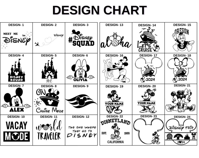 May include: A design chart with 24 different Disney-themed designs. Each design features a different image, text, and number. The designs are arranged in a grid of four rows and six columns.