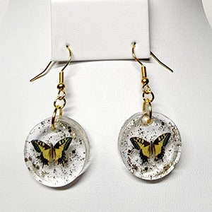 Handmade Glitter Butterfly Circle Earrings in Yellow and Black