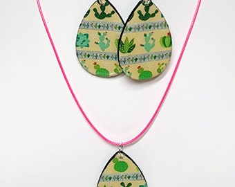Wood Resin Teardrop Earrings & Necklace Set Green Cream Cactuses with Pink Cord Necklace