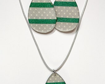 Wood Resin Teardrop Earrings & Necklace Set Silver Teal Polka Dots