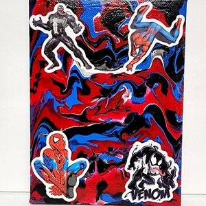 Small Spider-Man vs Venom Abstract Acrylic Pour Canvas Red Blue Black
