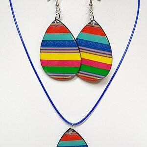 Wood Resin Teardrop Earrings & Necklace Set Red Blue Sky Green Yellow Orange Rainbow Stripes