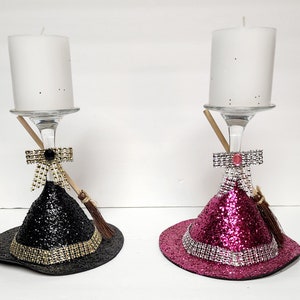 Glitzer Hexenhut Glas Kerzenhalter Pink oder Schwarz mit Besen