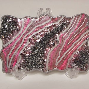 Rock and Resin Wall or Table Geode Agate Decoration with Pink Silver Accents
