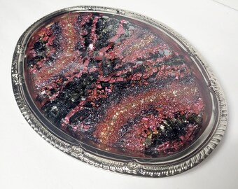 Geode Glitter Metall Resin Bricka i Rosa Grå