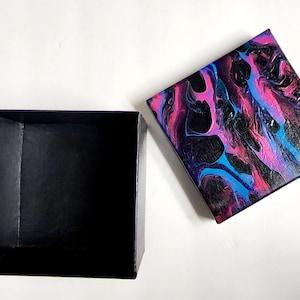 Unique Hand-Painted Pink Blue Acrylic Pour on Black Box