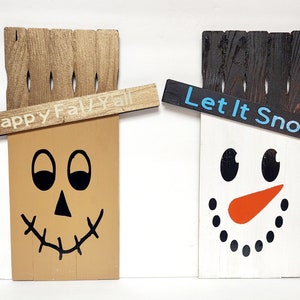 Pequeno espantalho reversível para apartamento, boneco de neve, placa feliz outono, vamos nevar