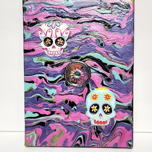Acrylic Abstract Pour Painting with Day of the Dead Theme Pink Purple Blue Green