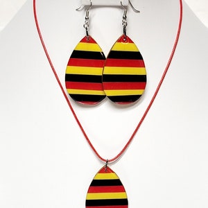 Elegant Wood Resin Teardrop Jewelry Set Red Yellow Black Stripes