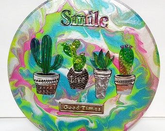 Art That Smiles - Cactus Acrylic Pour Painting Art Green Blue Pink