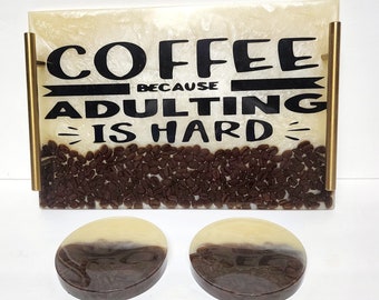 Handcrafted Coffee Bean Resin Tray And Coasters - Home Decor