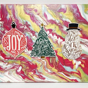 Christmas Abstract Acrylic Pour Painting Sweater Peace Bell Snow globe Red Gold Silver White