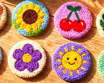 Animal & Floral Punch Needle Coaster Designs | Colorful Desk Decor Collection | Handmade Rug Tufted Art | Cottagecore Room Decor Gift