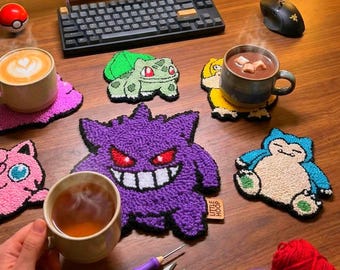 Poke Game Handmade Punch Needle Coasters, Anime Monster Drink Coaster Set, Gamer Desk Decor