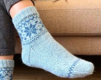 Snowflake Hand Knit %100 Alpaca Wool Socks – Handmade Scandinavian Winter Socks