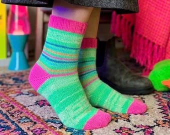 Hand Knit Striped Crew Wool Socks – Retro Green Pink Cozy Cottagecore Style
