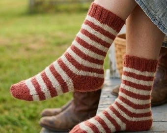 Hand Knit Alpaca Wool Socks, Cozy Striped Winter Knitwear, Cottagecore Style