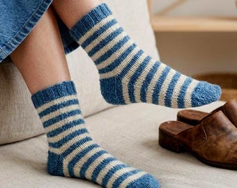 Hand Knit Alpaca Wool Socks, Cozy Striped Winter Knitwear, Cottagecore Style