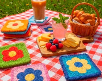 Handmade Floral Punch Needle Coaster, Colorful Floral Mug Rug