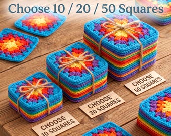 Crochet Granny Square Bundle, Handmade Rainbow Granny Squares, Ready to Join Squares, DIY Blanket Cardigan Bag, Set of 10 20 or 50