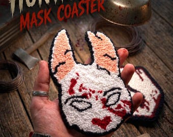 Huntress Mask Punch Needle Coaster, Horror Gamer Mug Rug