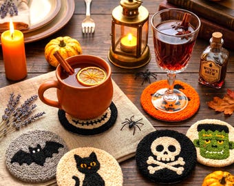 Handmade Halloween Punch Needle Coasters, Goth Coffee Table Accessory