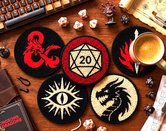 Dungeons and Dragons Punch Needle Coaster Set, DnD  Coaster,  RPG Gift, Fantasy Dragon Dice Art