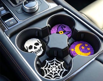 Halloween Car Coaster Set (Set of 2 ) | Handmade Punch Needle Car Accessories | Spooky Car Cup Holder Coasters | Halloween Gift
