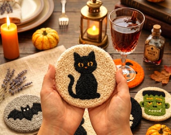 Handmade Halloween Punch Needle Coaster Set, Spooky Black Cat Mug Rug, Goth Decor Accessory