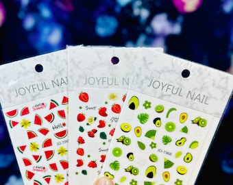 Fruit Nail Stickers: Avocado, Strawberry, Watermelon Nail Art (3 Sheets)