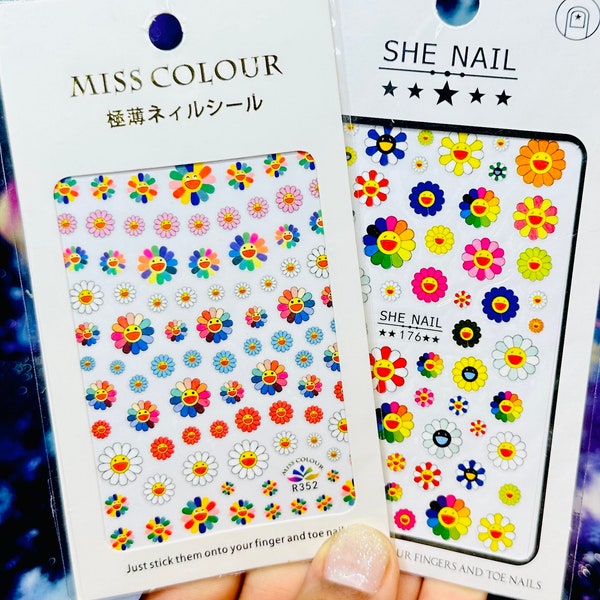 Colorful Rainbow Smiley Face Flower Nail Stickers