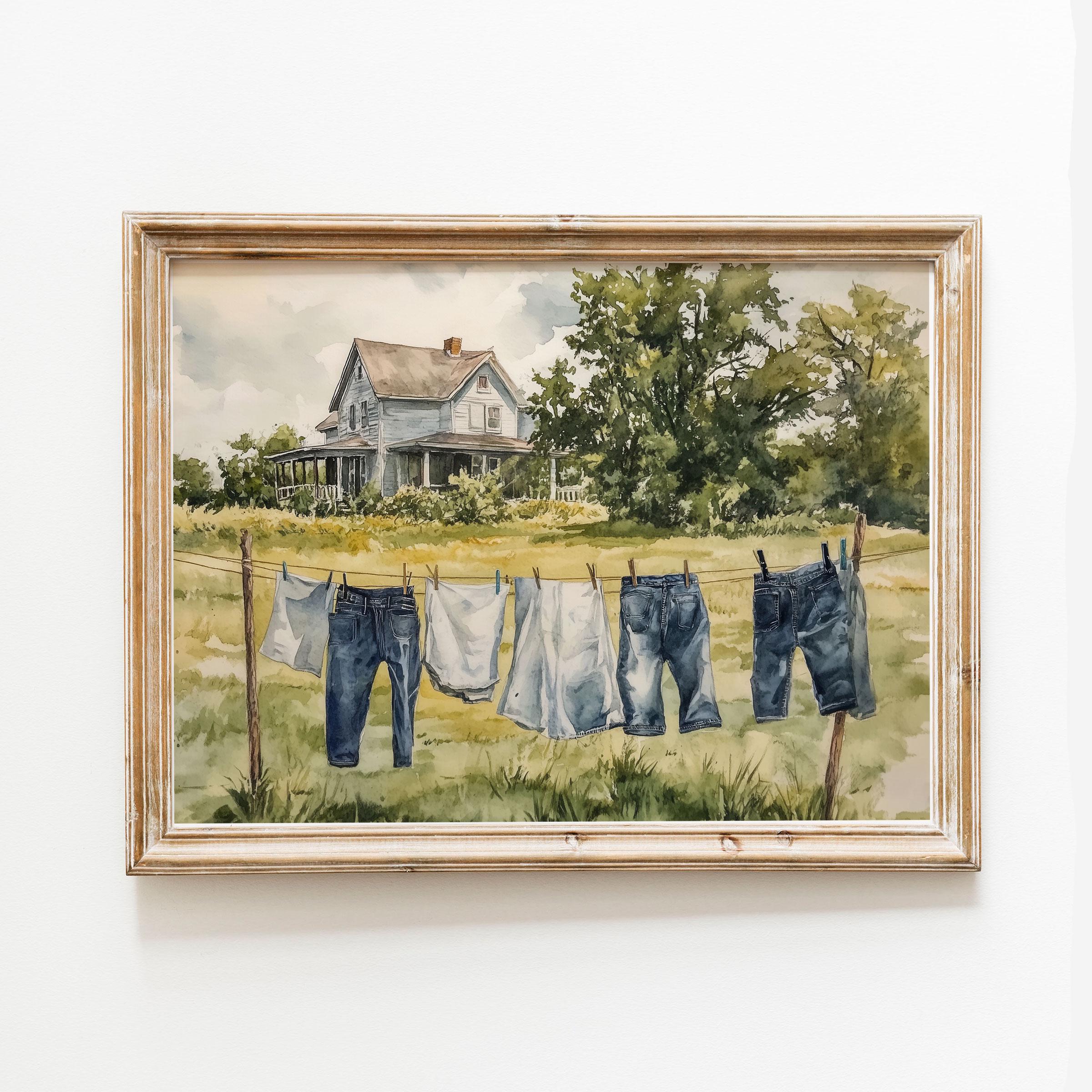 絵画 my room 洗濯物干し場 洗濯室 水彩画 横長ポスター 洗濯室アート ヴィンテージ
