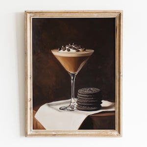 Espresso Martini z czekoladowymi ciasteczkami Sandwich Art Print, uroczy nowoczesny obraz olejny martwej natury, prezent dla niej, dekoracja ścienna w akademiku