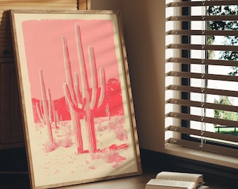 Kaktus Pustynia Sztuka Wydruk Różowy Minimalistyczny Plakat Saguaro Wall Art Nowoczesny Wystrój Południowo-Zachodni Boho Salon Prezent F34