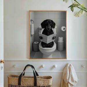 Funny black dachshund bathroom art dog on toilet reading newspaper wall decor for dog lovers quirky pet print gift