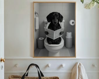 Funny Dachshund Bathroom Art: Dog on Toilet Newspaper Print