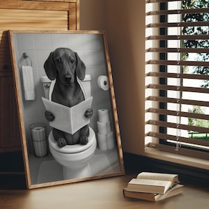 Funny Dachshund Wall Art Bathroom Decor Dog on Toilet Print Reading Newspaper Humorous Gift for Dog Lovers or Guest Half Bath