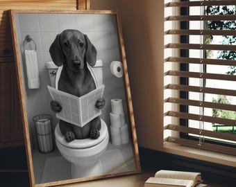 Funny Dachshund Bathroom Print: Dog on Toilet Reading Newspaper