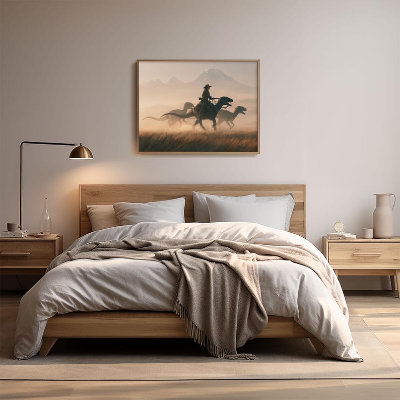 Person Riding Raptor Stock Cowgirl Riding Velociraptor Art Print Western Fantasy Dinosaur Wall Art ...