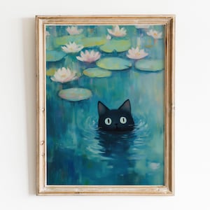 モネの睡蓮の猫のプリント、黒猫のアートの花柄プリント、クロード・モネの猫のポスター、面白い猫のプリント、面白いギフト、室内装飾ポスター
