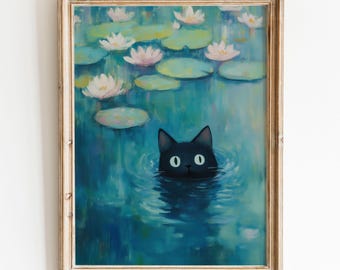 May include: A black cat with green eyes peeks out of the water in a pond with lily pads. The water is a vibrant blue and green, and the lily pads are a light green.