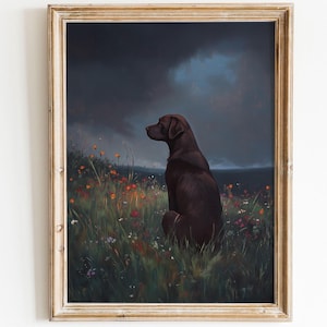 Dark Wildflower Chocolate Labrador Moody Dog Print, Vintage Wildflower Painting Wall Art Print Floral Farmhouse Landscape
