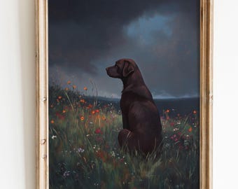 Lámina de Labrador Chocolate Moody con flores silvestres, arte de pared de estilo rústico vintage.